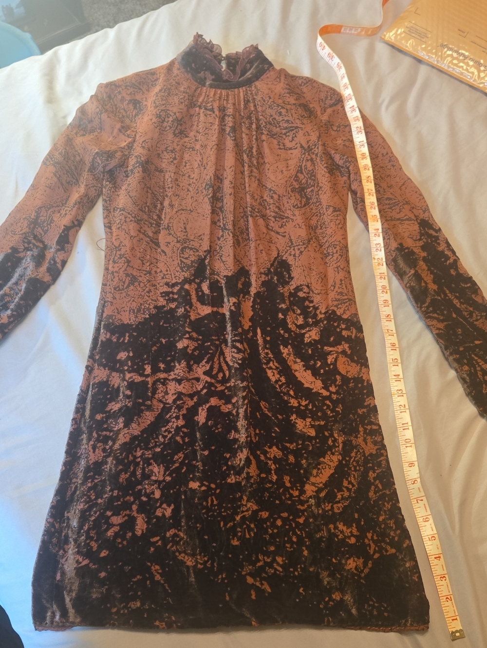 Silk Velvet Elie Tahari Rust and Black Marble-Effect Sheer Long Sleeve Dress